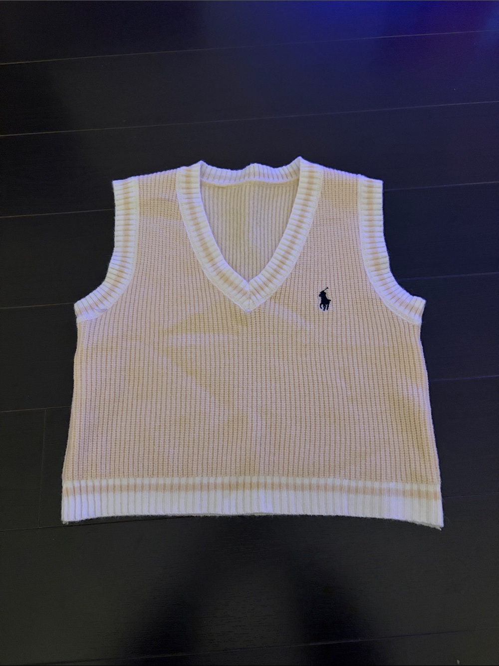 Women's Cream V-Neck Knit Sweater Vest with Navy Pony